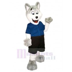 Lindo lobo blanco y gris Disfraz de mascota animal en camiseta azul