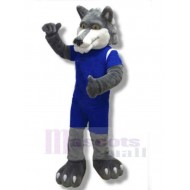 Loup gris puissant Costume de mascotte Animal en vêtements de sport bleus