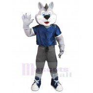 Light Gray Wolf Mascot Costume Animal in Blue T-shirt