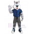 Hellgrauer Wolf Maskottchen Kostüm Tier im blauen T-Shirt