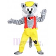 Lobo gris Disfraz de mascota animal en mamelucos amarillos
