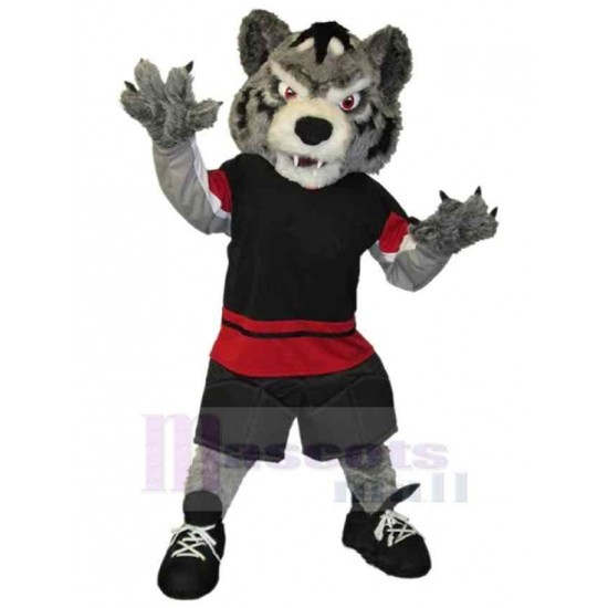 Loup violent Costume de mascotte Animal en tenue de sport noire et rouge