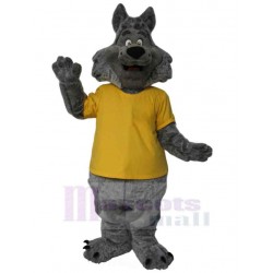 Grauer Wolf im gelben T-Shirt Maskottchen Kostüm Tier