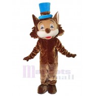 Gato marrón feliz Disfraz de mascota animal con sombrero azul