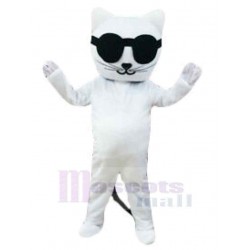 Chat blanc froid Costume de mascotte Animal avec des lunettes de soleil