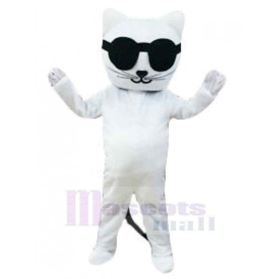 Chat blanc froid Costume de mascotte Animal avec des lunettes de soleil