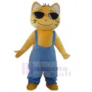 Chat jaune souriant Costume de mascotte Animal en salopette bleue