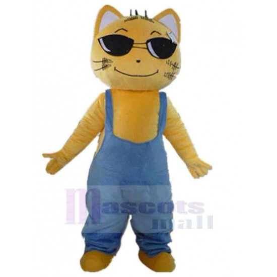 Lächelnde gelbe Katze Maskottchen Kostüm Tier in blauen Overalls