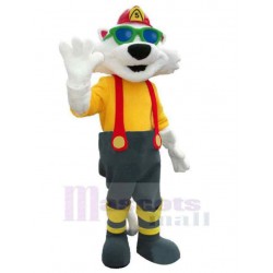 Chat Blanc Pompier Costume de mascotte avec des lunettes vertes