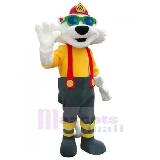 Chat Blanc Pompier Costume de mascotte avec des lunettes vertes