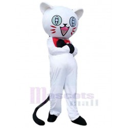 Chat blanc aux yeux impairs de dessin animé heureux Costume de mascotte Animal
