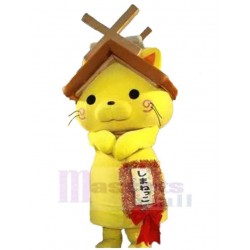 Gato amarillo Disfraz de mascota animal con el techo de una casa sobre la cabeza