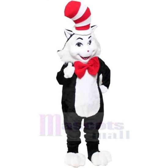 Chat noir Costume de mascotte Animal avec chapeau rouge et blanc