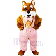 Brown Cat Mascot Costume Animal in Pink Overalls