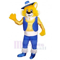 Yellow Cat Mascot Costume Animal in Blue Vest