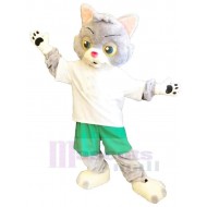 Grey and White Cat Mascot Costume Animal in Green Pants