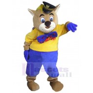 Sheriff de gato caqui de dibujos animados Disfraz de mascota animal en pantalones azules