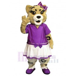 Brown Cat Mascot Costume Animal in Purple Dress