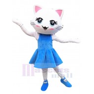 Tanzende weiße Katze Maskottchen Kostüm Tier im blauen Kleid