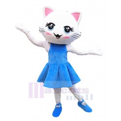 Dancing White Cat Mascot Costume Animal in Blue Dress