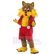 Gato marrón y amarillo Disfraz de mascota animal en overoles rojos