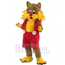 Braune und gelbe Katze Maskottchen Kostüm Tier in roten Overalls