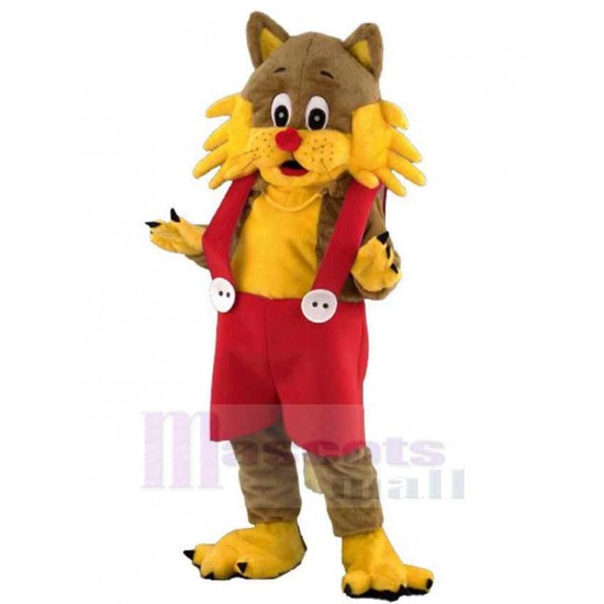 Braune und gelbe Katze Maskottchen Kostüm Tier in roten Overalls