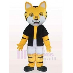 Black And Yellow Striped Cat Mascot Costume Animal in Black Clothes