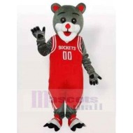 Chat gris heureux Costume de mascotte Animal dans les vêtements de basket-ball rouges
