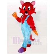 Red Cat Mascot Costume Animal in Blue Overalls