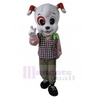 White Dog Mascot Costume Animal in Check Knitted Vest