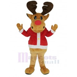 Brown Reindeer Mascot Costume with Red Coat Christmas Xmas