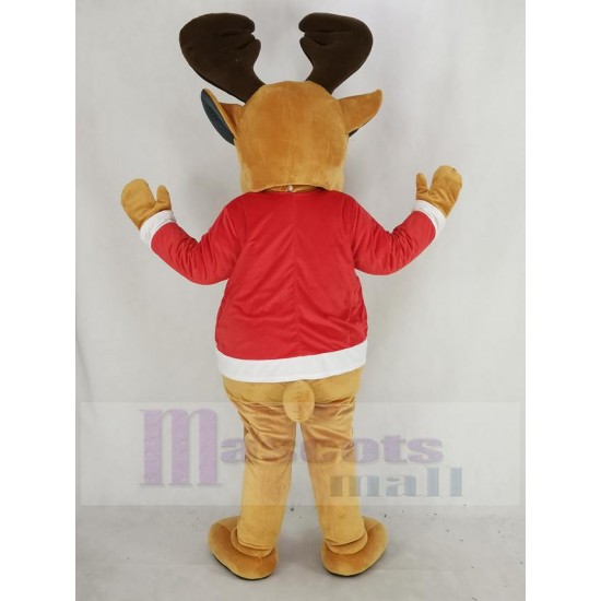 Brown Reindeer Mascot Costume with Red Coat Christmas Xmas