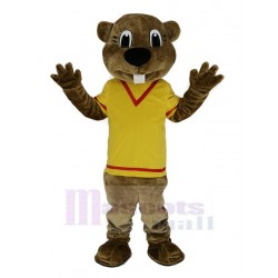 Brown Beaver Mascot Costume in Yellow Shirt Animal