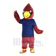 Roter Kardinalvogel Maskottchen Kostüm im dunkelblauen T-Shirt Tier