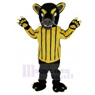 Panthère noire Costume de mascotte dans les vêtements à rayures jaunes Animal