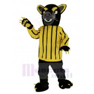 Panthère noire Costume de mascotte dans les vêtements à rayures jaunes Animal