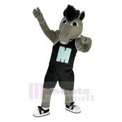 Grey Power Mustang Horse Mascot Costume in Black Sportswear Animal