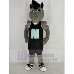 Puissance grise Cheval Mustang Costume de mascotte en tenue de sport noire Animal