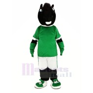 Cheval noir Costume de mascotte en maillot vert Animal