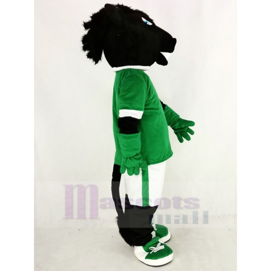 Black Horse Mascot Costume in Green Jersey Animal