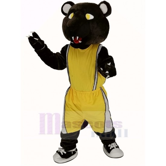 Dunkelbrauner Panther Maskottchen Kostüm in Gelbe Sportbekleidung Tier