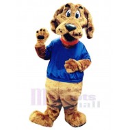 College brauner Hund Maskottchen Kostüm Tier im blauen T-Shirt