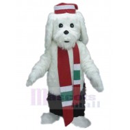 Weißer Hund mit langem Fell Maskottchen Kostüm mit rotem Schal