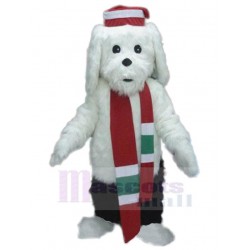 Long Fur White Dog Mascot Costume with Red Scarf