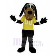 Cooler schwarzer Hund Maskottchen Kostüm im gelben T-Shirt Tier