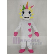 White Unicorn Mascot Costume with Hearts and Colorful Horn