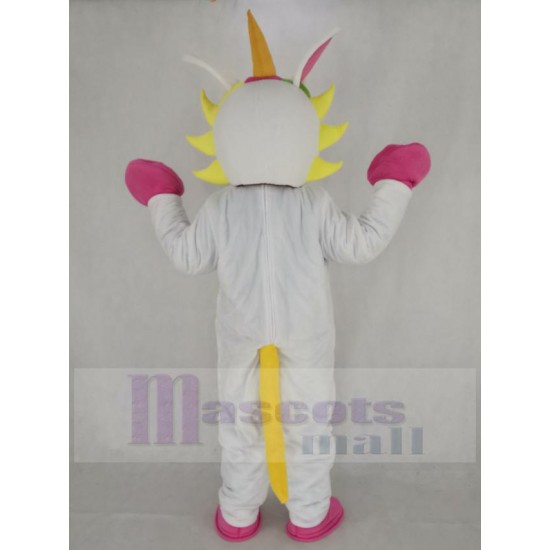 White Unicorn Mascot Costume with Hearts and Colorful Horn