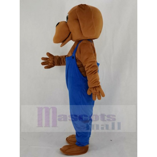 Brown Bloodhound Dog Mascot Costume with Blue Overalls