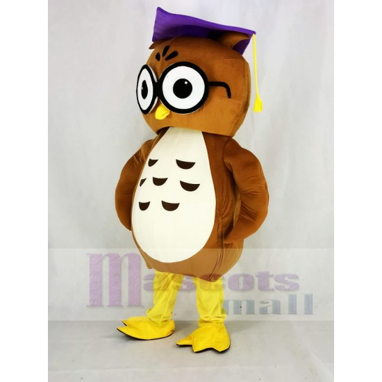 Brown Owl Mascot Costume with Purple Cap